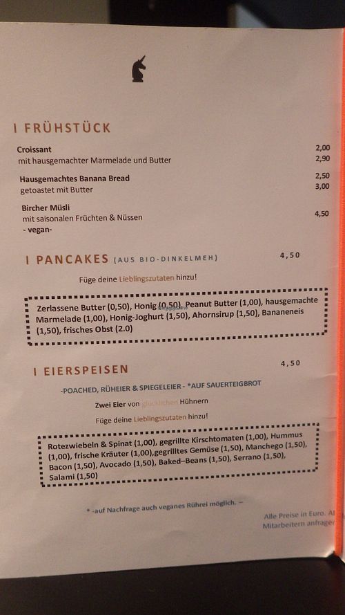 Breakfast and pancakes menu at Unicorn Berlin in Berlin