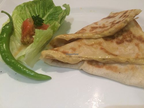 Queso pop, 3 vegan cheeses in a grilled tortilla quesadilla. Mozerella, chipotle cheddar and cream cheese  at Green Bar in Makati