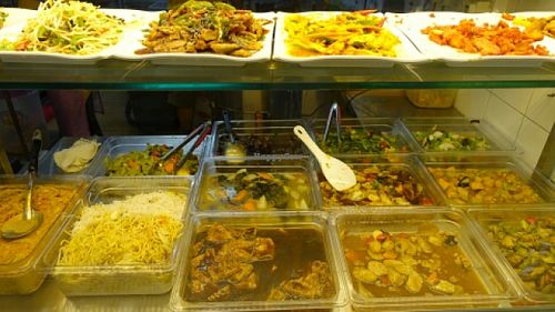 pre cooked vegetables dishes to go with rice or vermicelli  at Kwan Inn Vegetarian - Banda St in Central Singapore