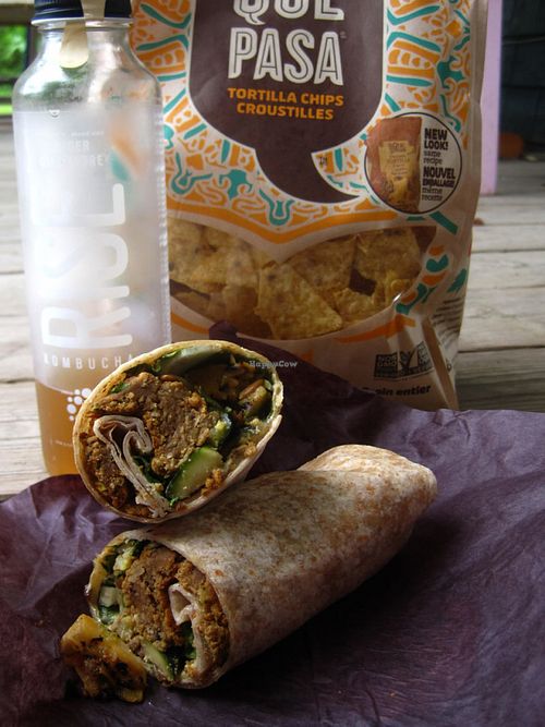 Excellent falafel wrap filled with veggies, kombucha and tortilla chips. at Amarante Epicerie Ecologique in Temiscouata-sur-le-lac