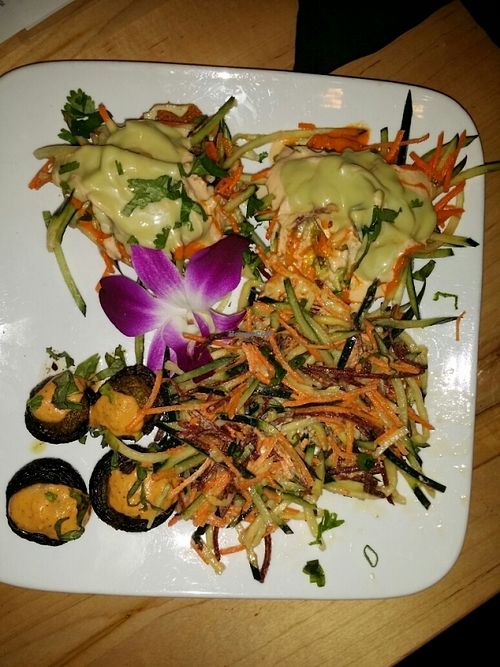 today's dinner sampler. tostadas, pesto mushrooms, salad. good. at 118 Degrees in Tarzana