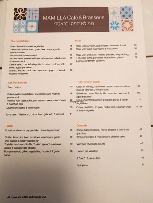 English language menu at Mamilla Cafe and Brasserie in Jerusalem
