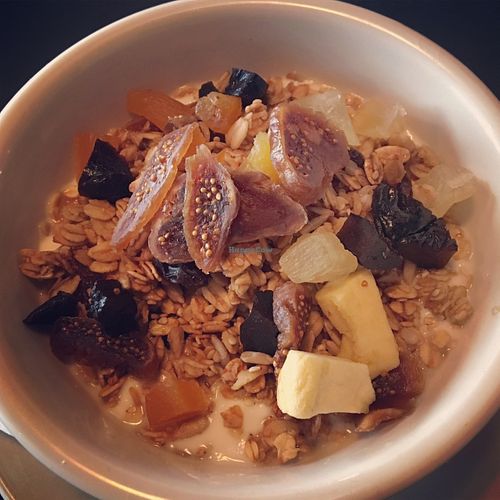 Gluten Free Granola with Greek Yogurt, Milk, Or Almond Milk topped with Dried fruit at Routine in Brooklyn