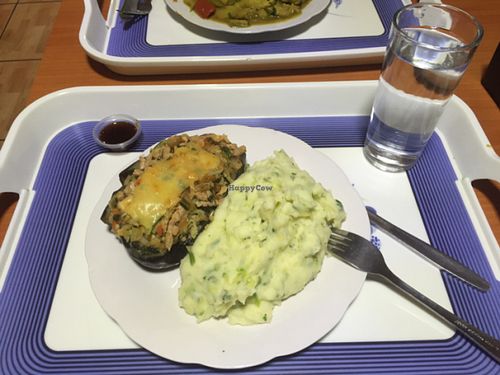 stuffed eggplant and mashed potatoes/zucchini  at Vegetariano Naturista Cheng Nan in Concepcion