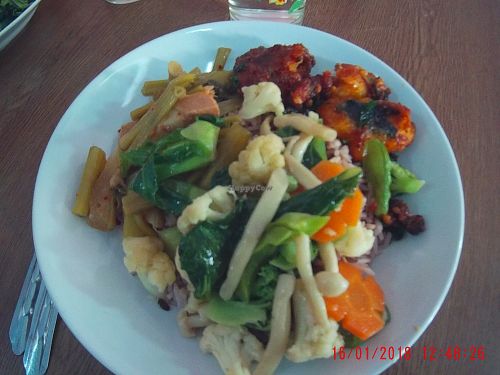 Rice with vegetables, mock fried meat and Vegan curry at Vegan House in Chanthaburi