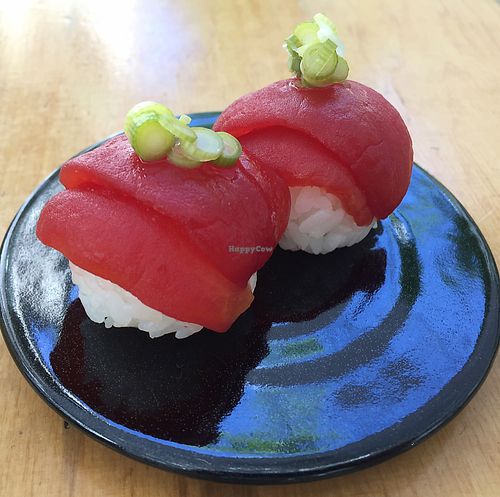 surreal marinated tomato temari. so yummy!! at Youmiko Vegan Sushi - Hoża in Warsaw