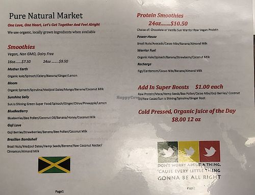 Full menu (back) at Pure Natural Market in Hilton Head Island