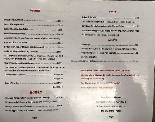 Full menu (front) at Pure Natural Market in Hilton Head Island