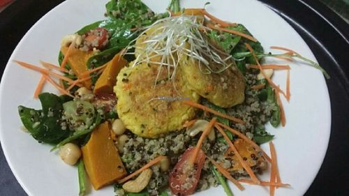 Organic Quinoa, Pumpkin and Spinach Salad with Organic patties  at Herbee's Garden Cafe in Hahndorf