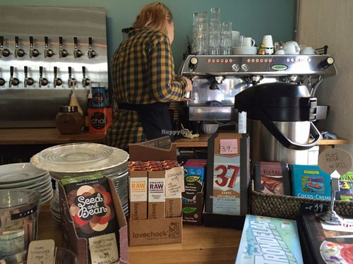 Lots of vegan cakes and baked goods, fresh specialty coffee, chocolate with compostable wrapping, oatmilk cappuccino and much more. at Kafe Soil in Trondheim