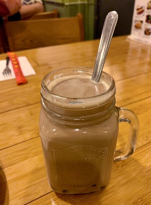 Hot boba tea made with soy milk  at Taiwan Noodle in Albany