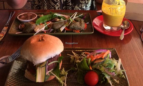 veggie burger, veggie nuggets and turmeric latte  at Kemu in Terrigal