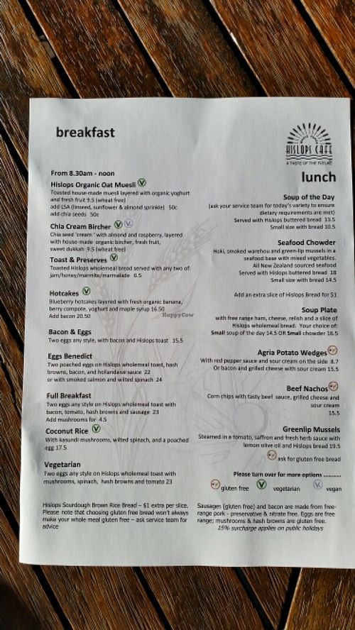 Hislops Breakfast Menu April 2016 at Hislop's Cafe in Kaikoura