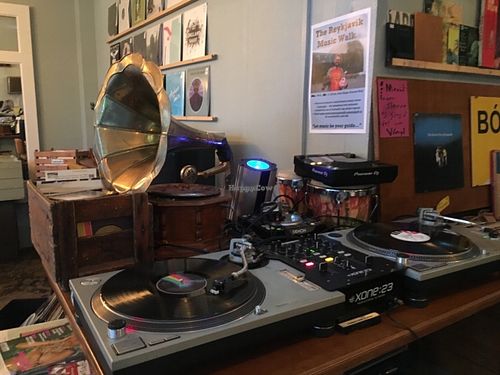 The DJ spot with old turntables at Kaffi Vinyl in Reykjavik
