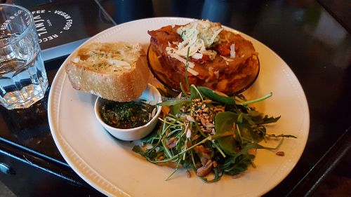 Lasagne + salad + pesto toast at Kaffi Vinyl in Reykjavik
