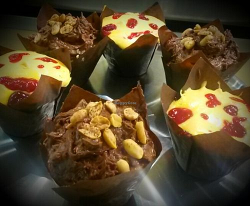 Vegan peanut butter with chocolate or vanilla custard and raspberry cupcakes . All our cakes including vegan and gluten free vary daily/weekly at Taste of Shrewsbury in Shrewsbury