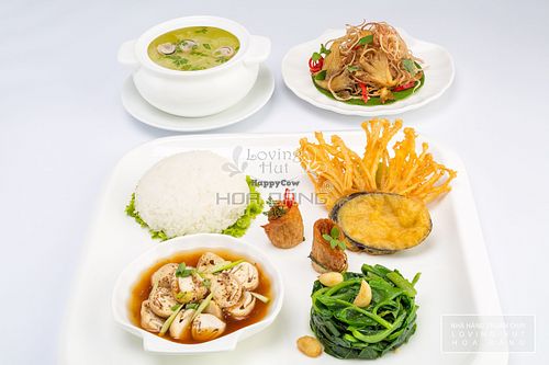 Set Meal 8 ($9,25 per head)
-Deep-fried eggplants
-Deep-fried enoki mushrooms
-Spring firecracker nuggets
-Banana flower salad
-Braised mushrooms in casserole
-Sauteed Malabar spinach with garlic
-Napa cabbage soup
-Organic white rice
-Tap w at Loving Hut Hoa Dang in Hanoi
