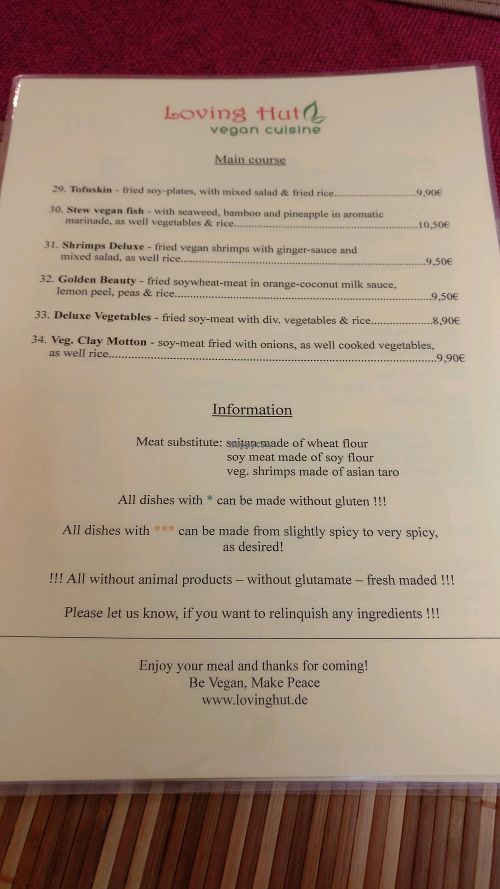 menu in English  at Loving Hut in Hamburg