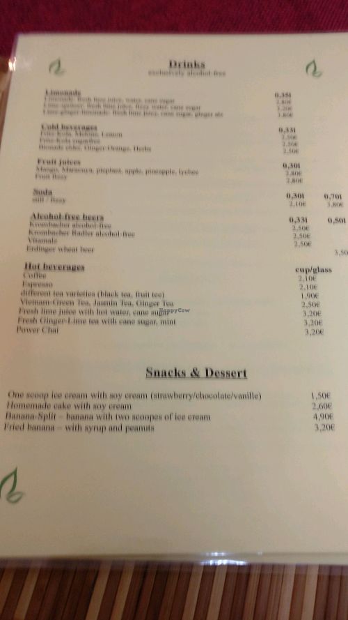 drinks and dessert menu in English  at Loving Hut in Hamburg