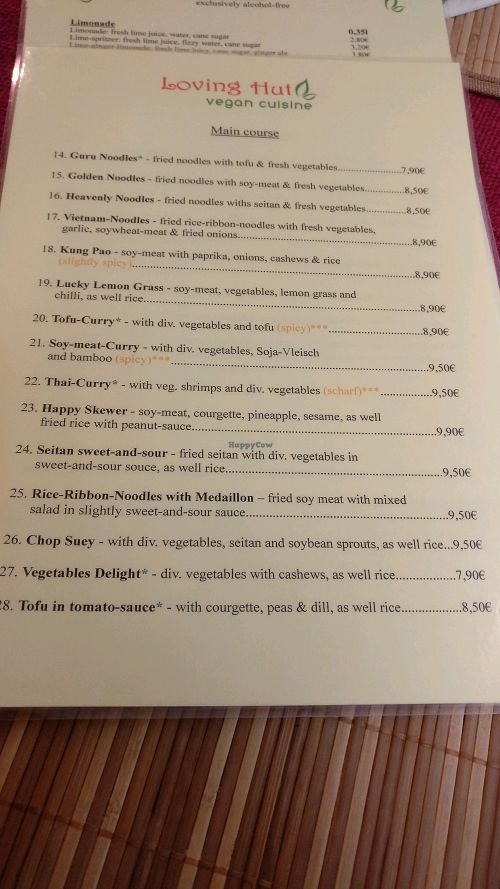 mains menu English  at Loving Hut in Hamburg