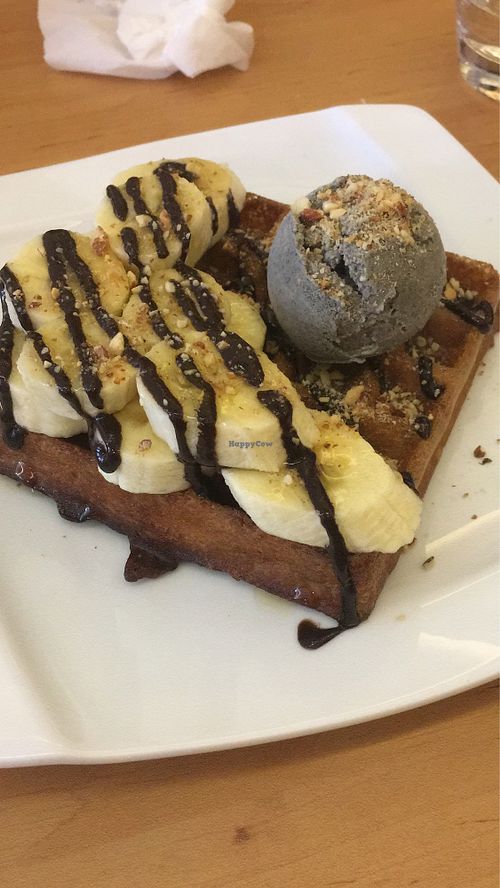 waffles with black sesame ice cream, bananas and chocolate sauce  at LN Fortunate Coffee - Solaris Mont Kiara in Kuala Lumpur