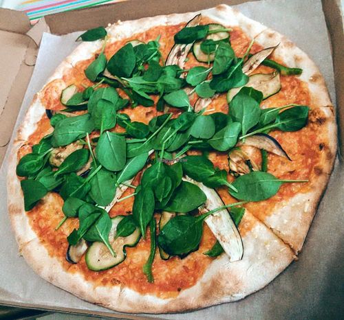 Pizza with grilled veggies and vegan cheese. at Zazza in Kosice