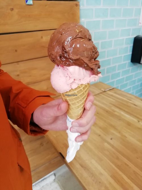 Double scoop vegan ice cream cone at Valdis in Reykjavik