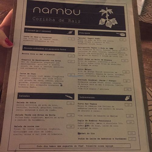 Menu at Nambu in Sao Paulo