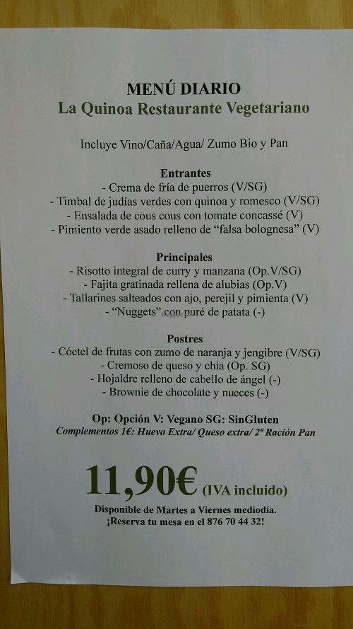 Menu 20th June  at LaQuinoa in Zaragoza