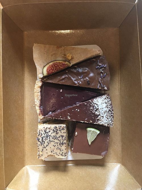 Veggie Cake Selection Box - they have this event every other month, when you can buy a box of raw cakes of 6 for ca. 5 Euros. The September box included: lime brownie, figs and cashew, vanilla cashew with acai dressing, coconut, carob with lavender, apricot with poppy seeds.  at Veggie Nyers in Budapest