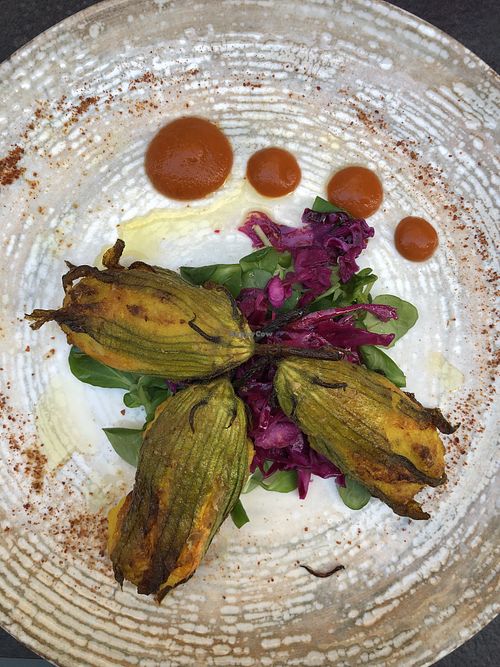 Courgette flowers filled with tofu cream at L'Orto Gia Salsamentario in Turin