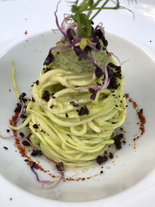Raw courgette spaghetti with cashew cream at L'Orto Gia Salsamentario in Turin