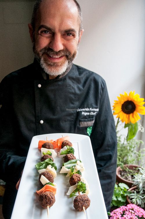 "Nuove Tradizioni" : Fragant brochettes of flax seeds and dried veggie balls with raw ketchup, sprouts salad and raw chips . (gluten free & raw food) at L'Orto Gia Salsamentario in Turin