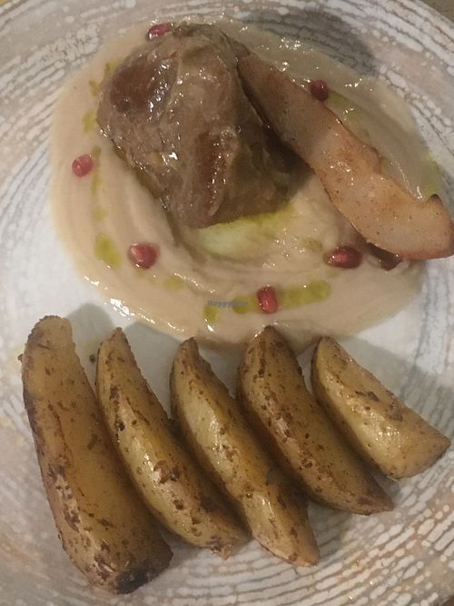 Lemon scented seitan and roast potatoes  at L'Orto Gia Salsamentario in Turin