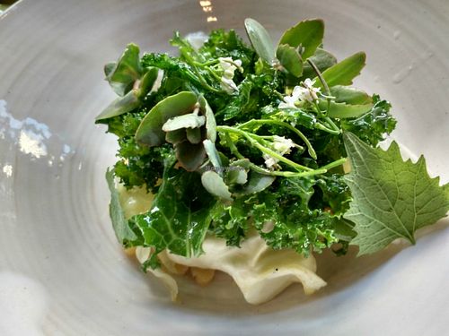 Peas with kale, cabbage and vinegar. Sweet and delicious (The description doesn't describe how great this was)  at Grön Restaurant in Helsinki