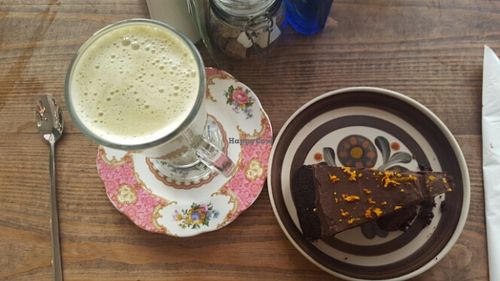 vegan orange chocolate cake and matcha latte at The Natural Food Deli in Petersfield