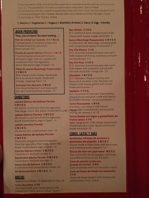 Red V is vegan, green V is vegetarian  at Jaleo in Bethesda