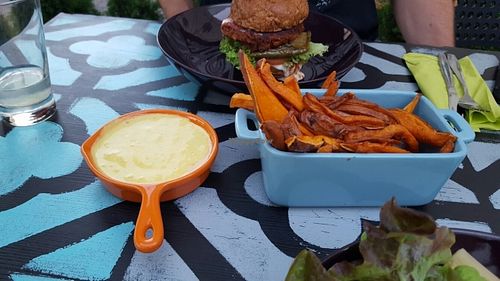 sweet potato fries with a curry-orange dipping sauce  at Timo Franke - Vegan Cuisine in Buehl