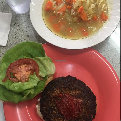 This photo isn't the best but veggie burger really tasted great! at The Vineyard Vegetarian Cafe in Summerville