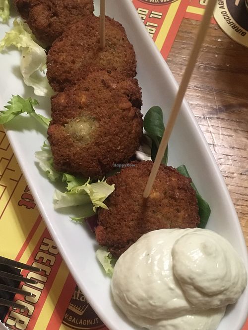 Fava bean falafels with vegan mayo at Open Baladin in Turin