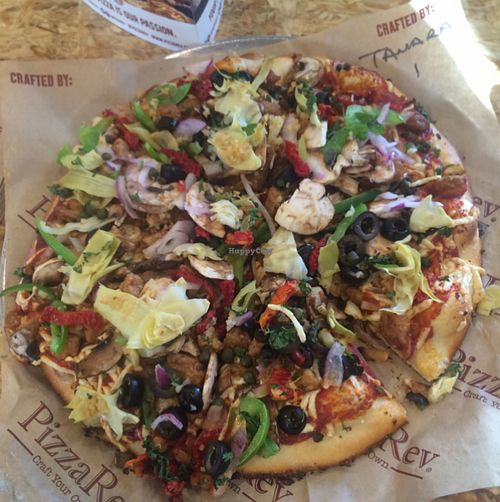 Vegan pizza (with vegan cheese & sausage) from Pizzarev at PizzaRev in Bakersfield