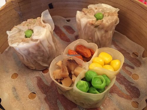 Steamed Shaomai (tofu dumplings) and Four-color dumplings. The shaomai is made by pressing and squeezing out the water from tofu. The four-color dumplings also delicious.  at SinSinTei in Nagoya