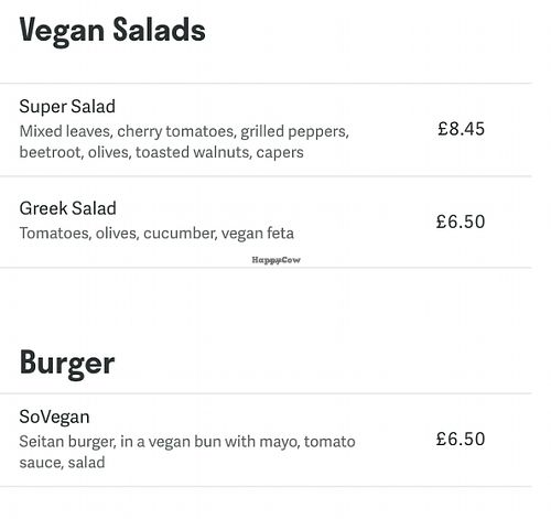 Vegan menu section as seen on Deliveroo at Royal Sovereign Pub in East London