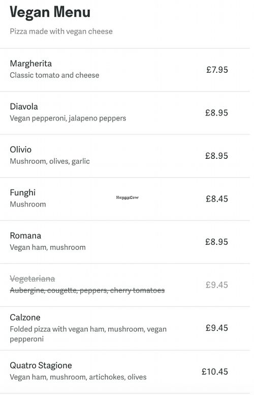 Vegan menu section as seen on Deliveroo at Royal Sovereign Pub in East London