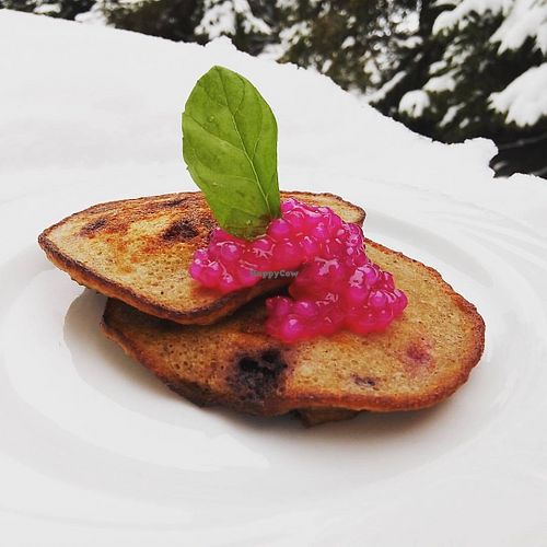 Banana cakes with tapioca pearls colored with beetroot juice at Czarny Kos in Borkowo