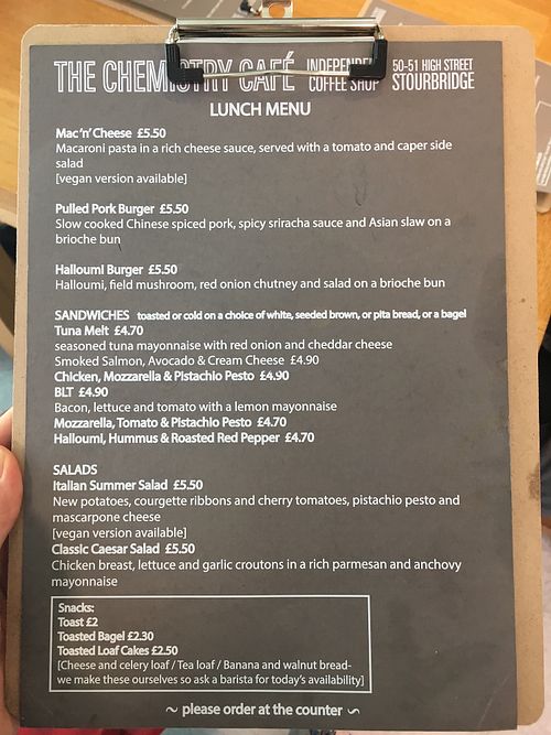 lunch menu 24/07/17 at The Chemistry Cafe in Stourbridge