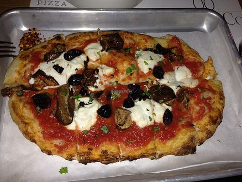 tomato caramelized eggplant olives oregano herbed cheese at Double Zero in New York City