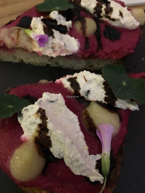 Roasted beet and herb almond ricotta bruschetta  at Double Zero in New York City