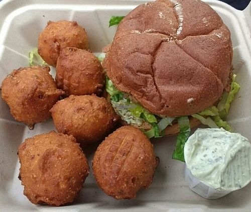 Vegan Spicy Lentil Burger & Corn Fritters   at Simmer Down Caribbean Cafe - Food Trailer in Arcata