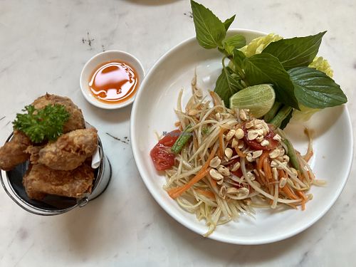 Papaya salad and mushrooms nuggets  #Veganuary at Veganerie Concept - Benjasiri Park in Bangkok